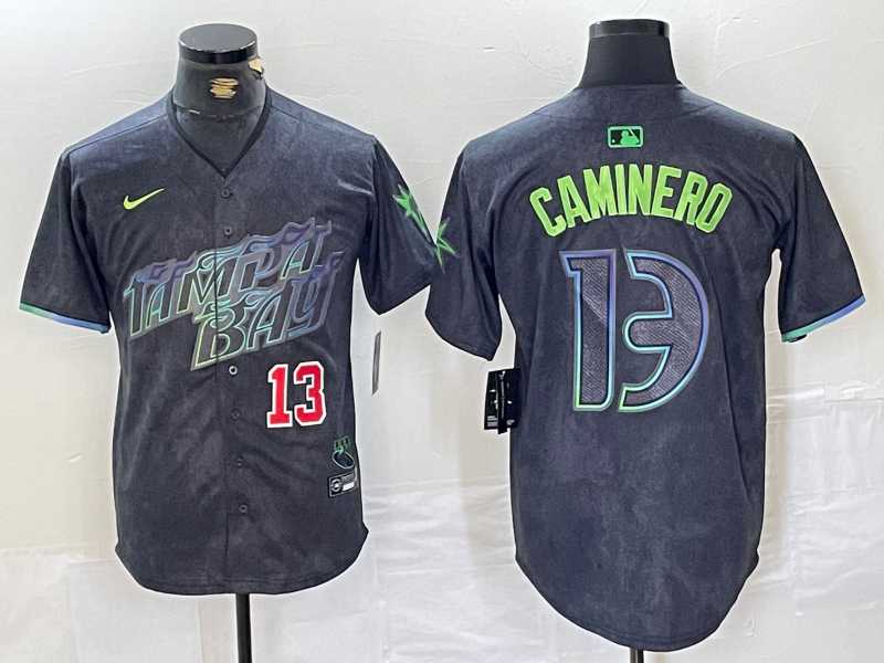 Mens Tampa Bay Rays #13 Junior Caminero Number Charcoal 2024 City Connect Limited Stitched Jersey